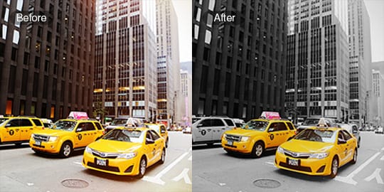 Resultado antes y después con efecto de salpicadura de color.