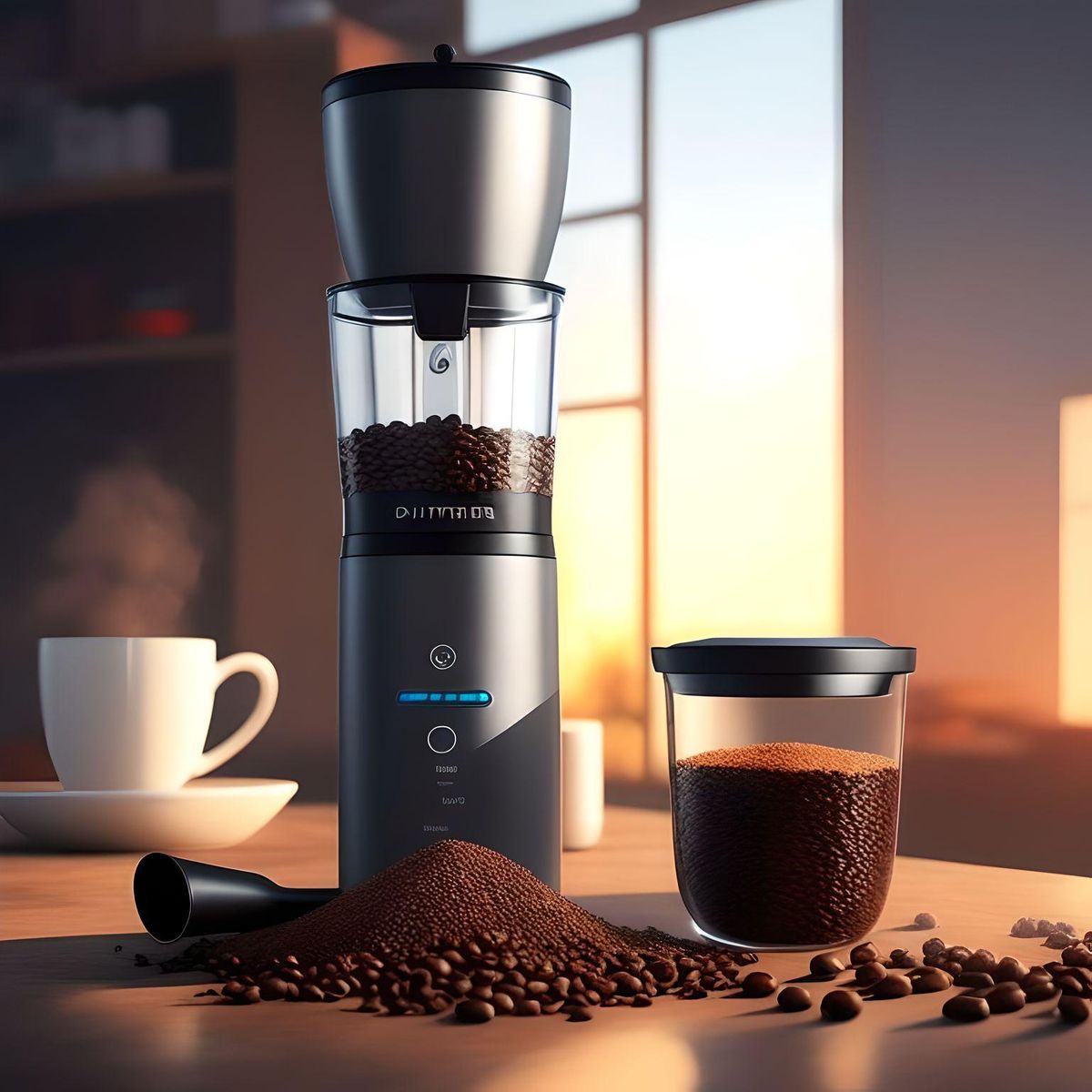 TRU logo conical burr grinder while grinding coffee on Fotor