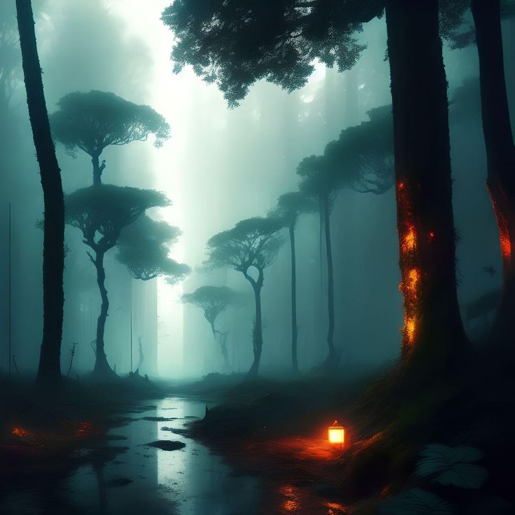 cyberpunk forest, darkness and loneliness vibes
