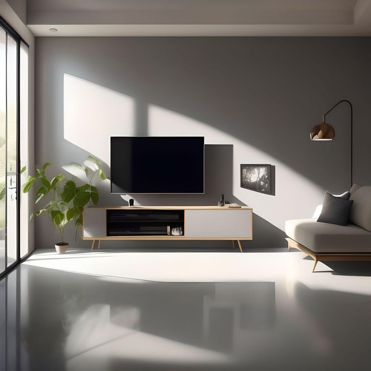 Grey Floor, Beige walls, TV unit, Couch, seating in a lounge
