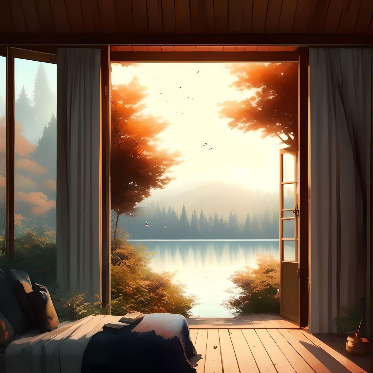 Inside view of Cabin in the woods, large windows, forest view and lake phone wallpaper