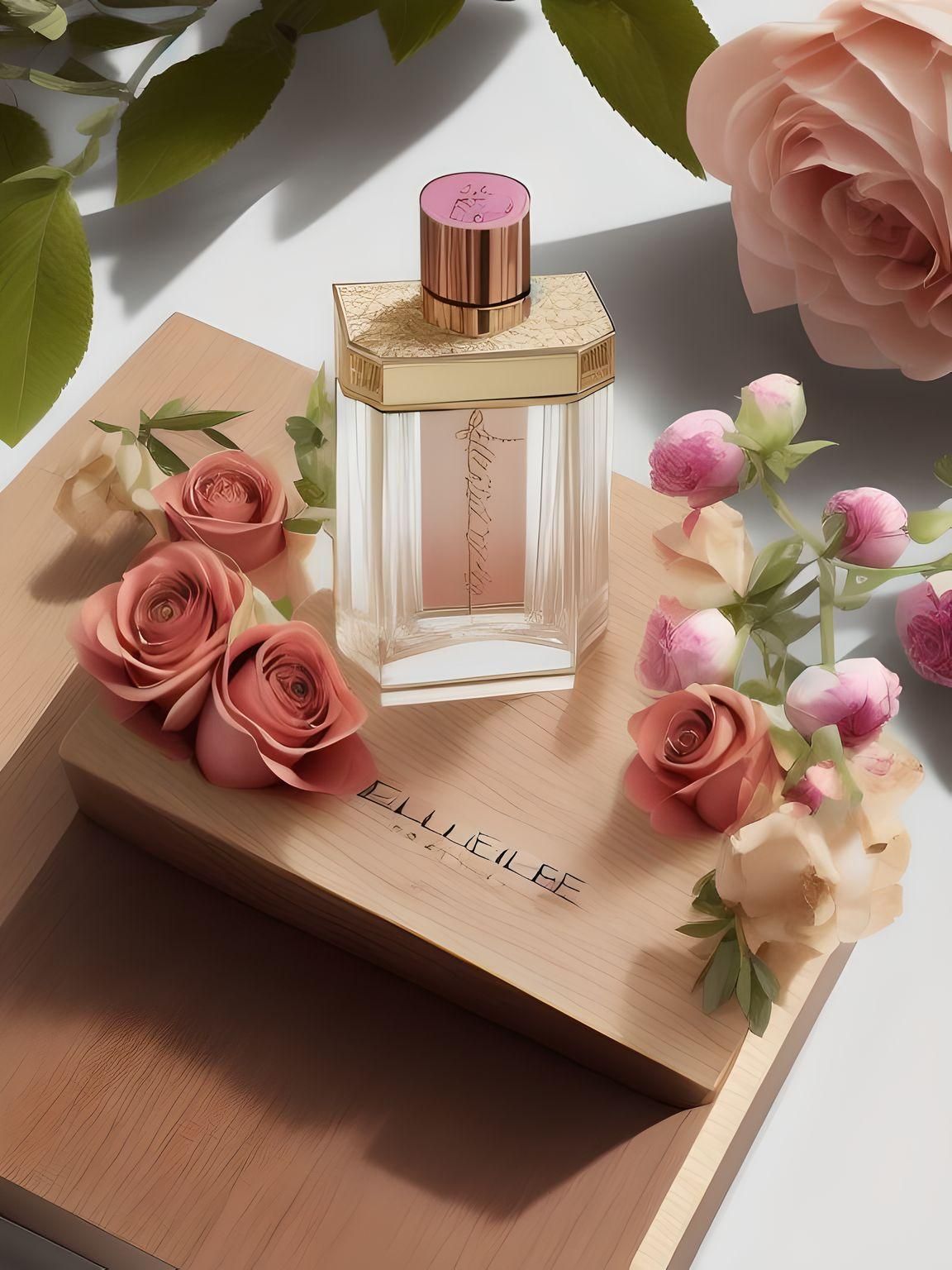 Elie Saab perfume on a wooden base with a nature background, Turkish roses, mandarins, sandalwood and vanilla