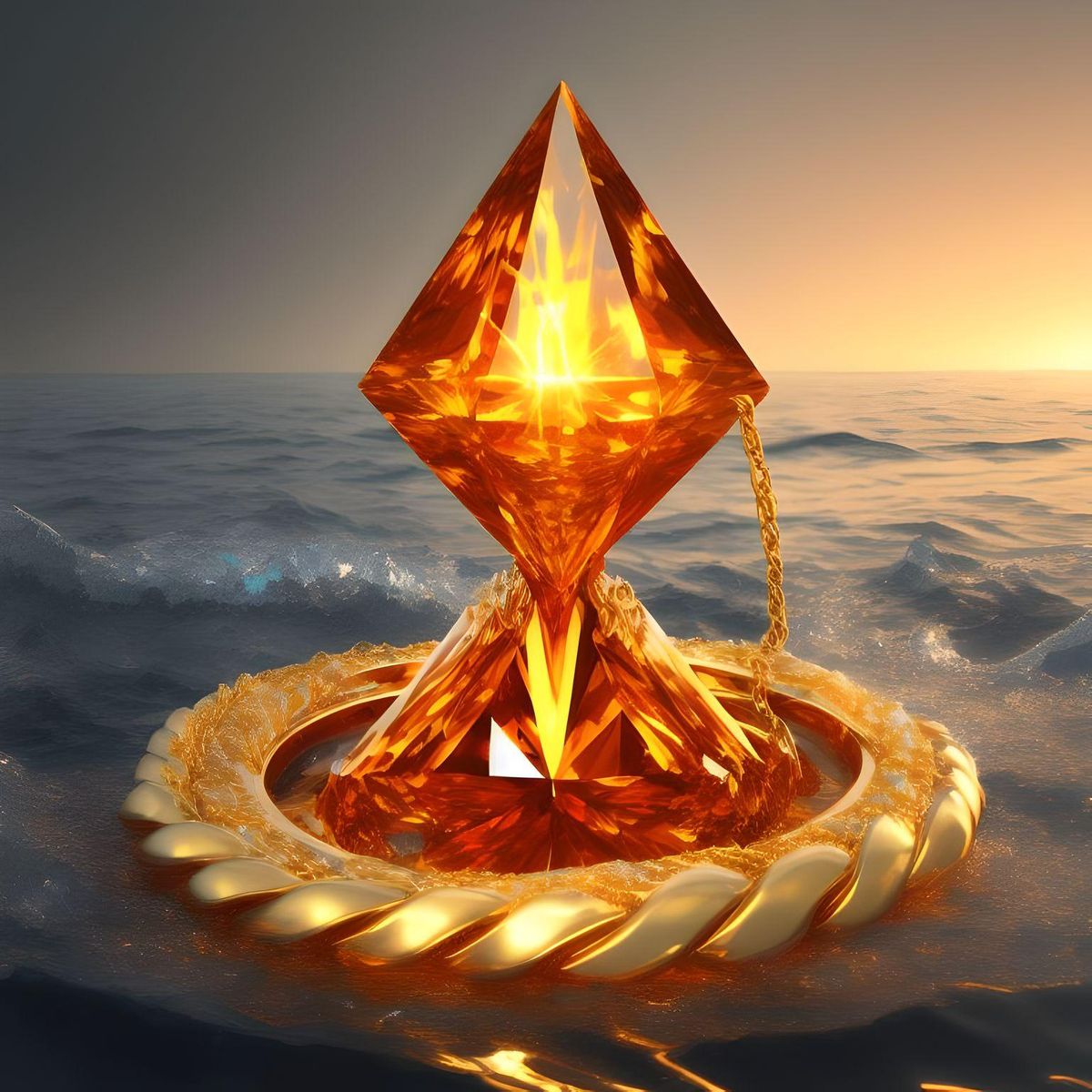 flaming diamond embraced by golden chain, floating in freezing sea, highly detailed, 8k, masterpiece