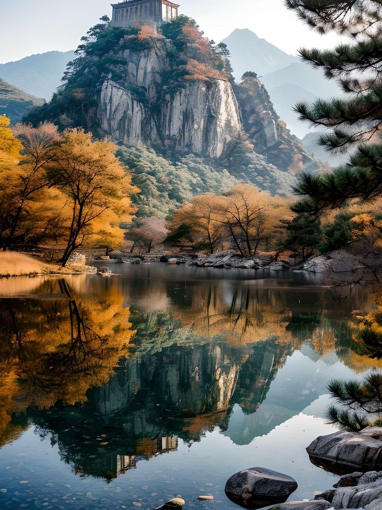Mount Tai stands tall and overlooks the world, representing the essence of Chinese ink painting. The interplay of light and shadow creates a vivid and realistic portrayal, showcasing the principles of realism. The panoramic view captures the beauty of nature, while the high-quality reflection and refraction effects add depth and dimension.