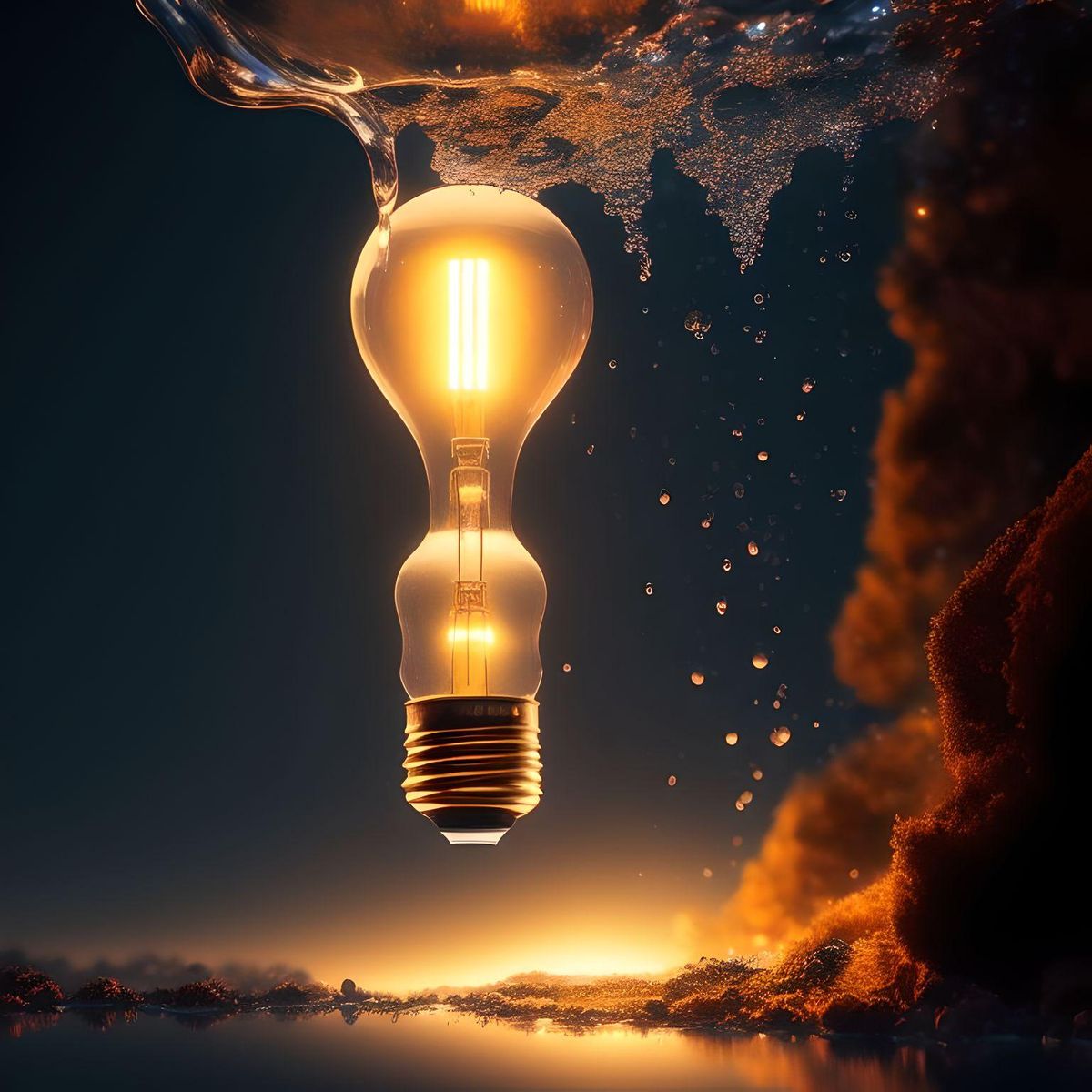 photorealistic idea Lightbulb splashed from behind with +water , highRes, landscape, dark objectless background, multiple lightsources
