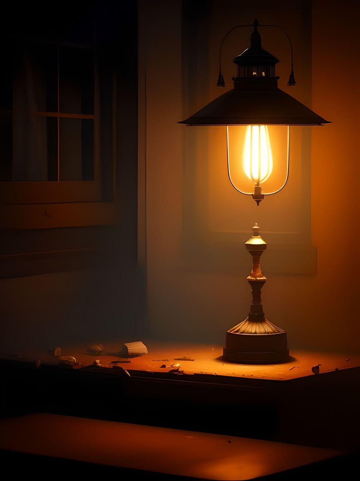 A lamp in a dark room whith a on Fotor