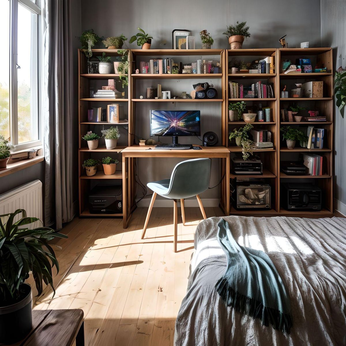 isometric messy nostalgic bedroom with a gaming pc, windows, plants bookshelves, desk, 3d art, muted colors, soft lighting, high detail, concept art, behance, ray tracing, volumetric lighting