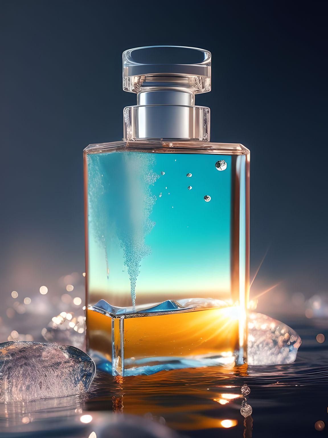 A delicate and noble glass perfume bottle was placed in the middle of the water,The sunlight asperses full, on the water flutters falls the petal, has the dew, the crystal clear feeling, the warm color tone,Headshot, Center the composition,Hyper-realistic style, realistic, photography, high detail, high quality, high resolution, 8k