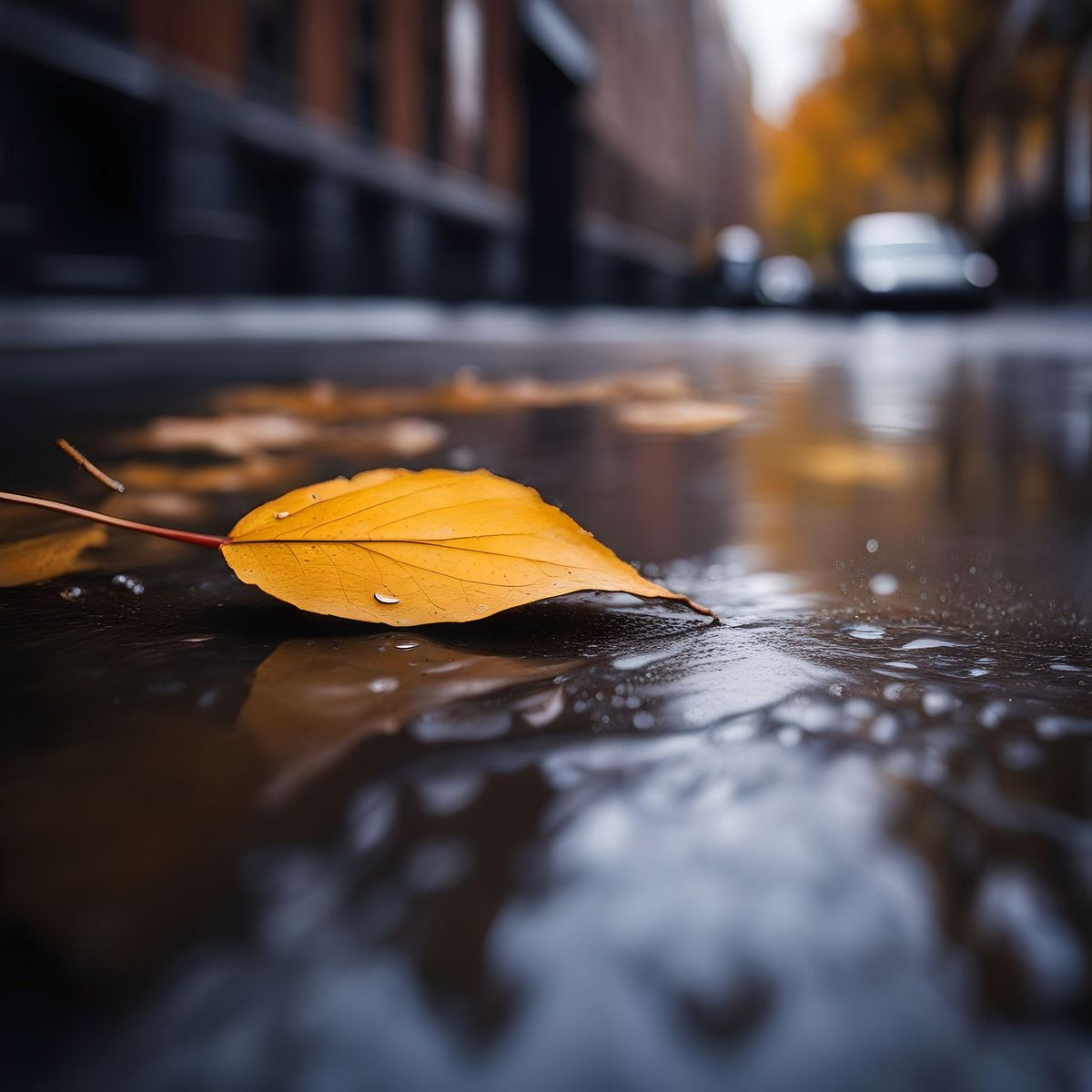 autumn, rain, slush, puddles, raindrops, water stains, city streets, sidewalks, realism, high detail, macro photography, correct line, cinematic, close-up, mj, wet, (sharp shot)