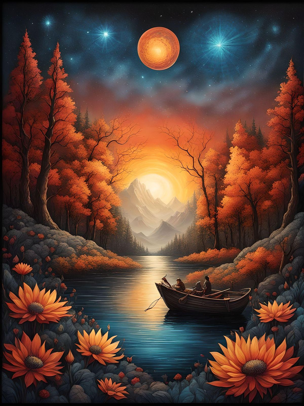 autumn best quality, ink painting, acrylic, cute ice cornflowers, sunrise, by Craola, Dan Mumford, Andy Kehoe, 2d, flat, adorable, vintage, art on a cracked paper, fairytale, storybook detailed illustration, cinematic, ultra highly detailed, tiny details, beautiful details, mystical, luminism, vibrant colors, complex background, centered, symmetry, painted, intricate, volumetric lighting, beautiful, rich deep colors masterpiece, sharp focus, ultra detailed, in the style of dan mumford and marc simonetti, astrophotography, centered, symmetry, painted, intricate, volumetric lighting, beautiful, rich deep colors masterpiece, sharp focus, ultra detailed, in the style of dan mumford and marc simonetti, astrophotography