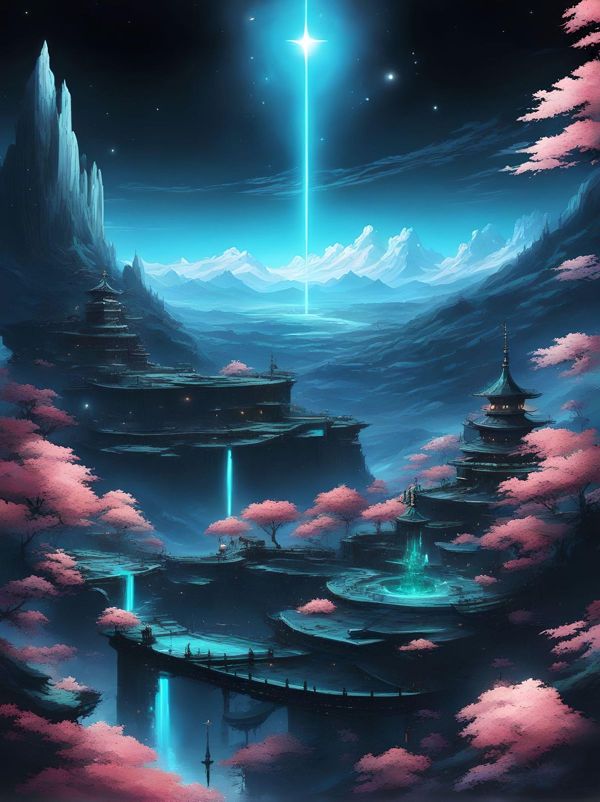 anime artwork Surrealist art landscape of a Cyan [Lilongwe:Wetlands:5], flora, Stars in the sky, side lit, dark black neon hue, contest winner . Dreamlike, mysterious, provocative, symbolic, intricate, detailed . anime style, key visual, vibrant, studio anime,  highly detailed