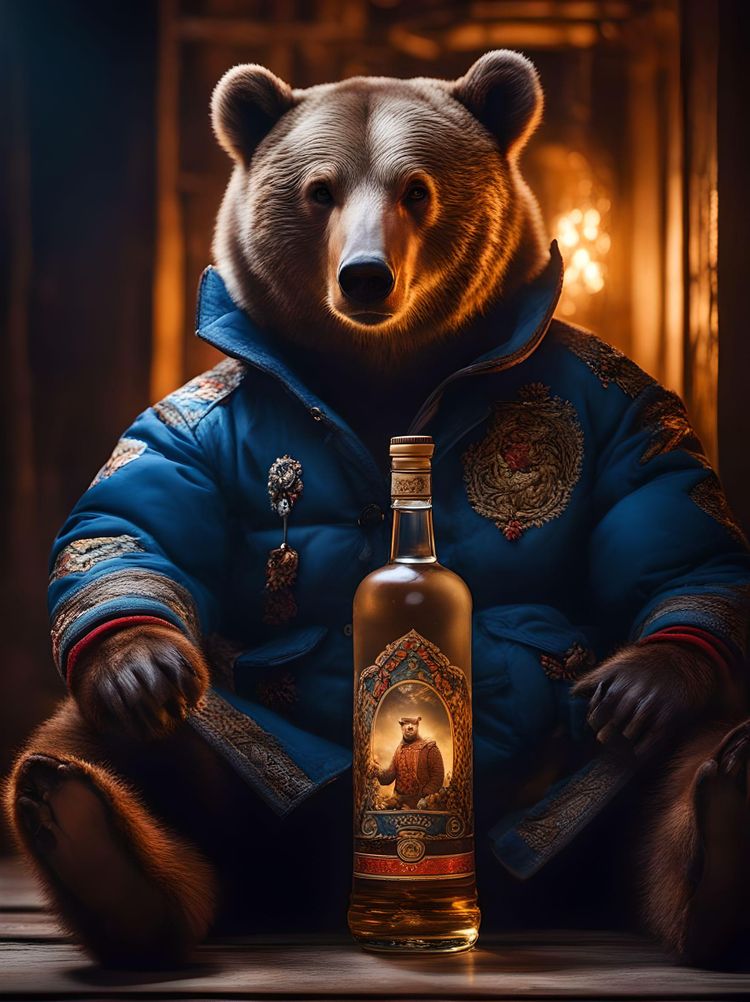 full body, (russian russian winter, a bear sitting in a tank, a bottle of vodka, a bear in a shirt, clothes in Russian folk style, embroidery on clothes,) ((glow)), hyper-detail, hyper-realism, sharp shot, cinematic, dark theme  action-packed background, (bokeh effect)