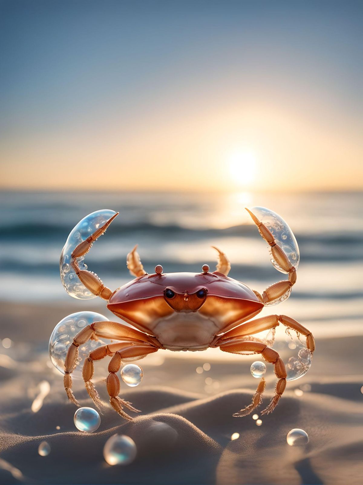 photorealistic fully transparent unusual crab completely made of soap bubbles, highly detailed, on the beach in front of the ocean, perfectly rendered
Lora: Aether_Bubbles_And_Foam_v1_SDXL_LoRA", "weight": 0.62