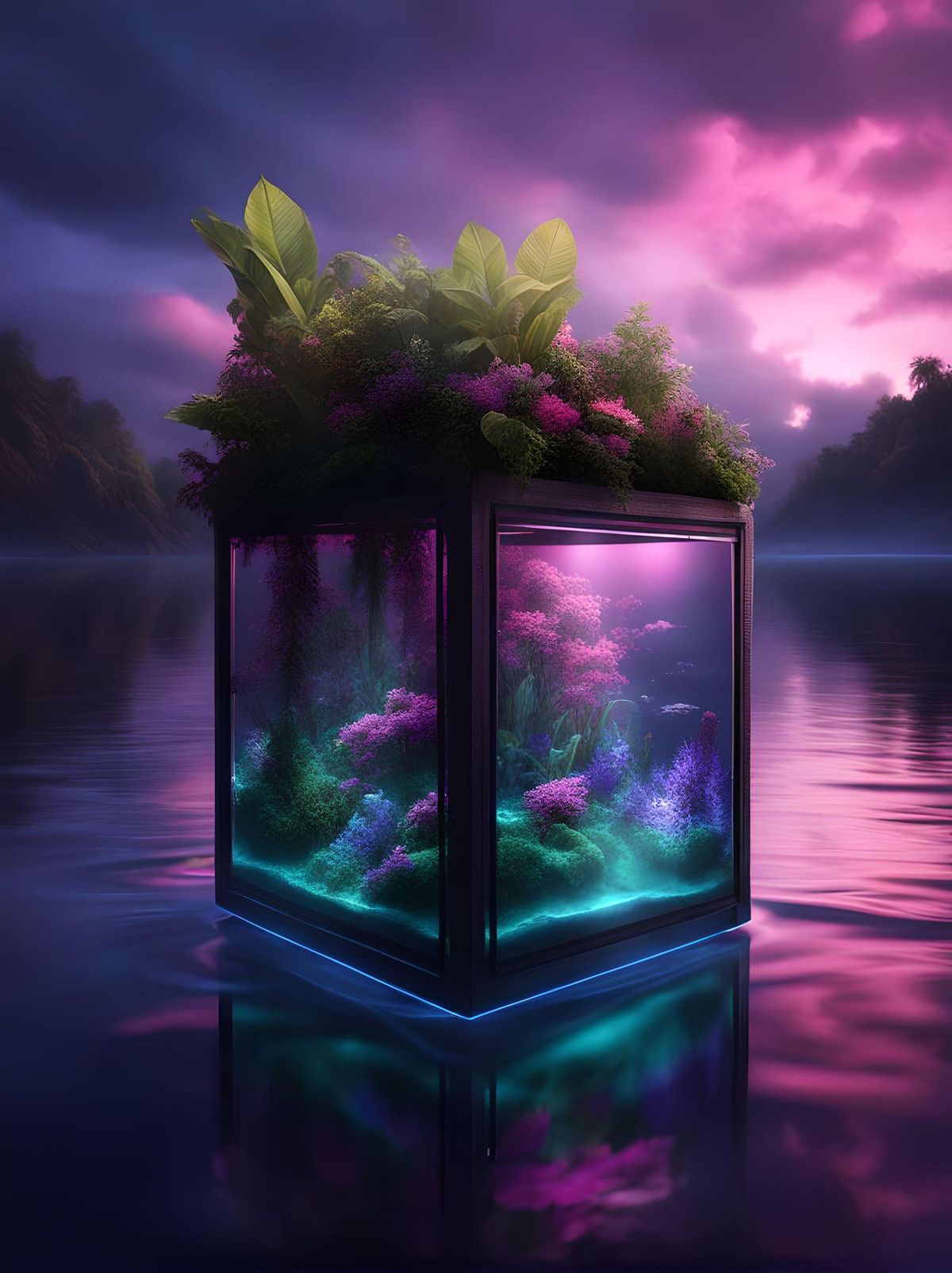 Witness the grandeur of a square box made of glass, pink purple and green plants are inside the box, water and a small ship is also inside the box, box is placed on a rock, trees and flowers, clouds on the sky, intricate details, hyperrealistic photography, 8k, neon lights, nighttime, ultra dark theme