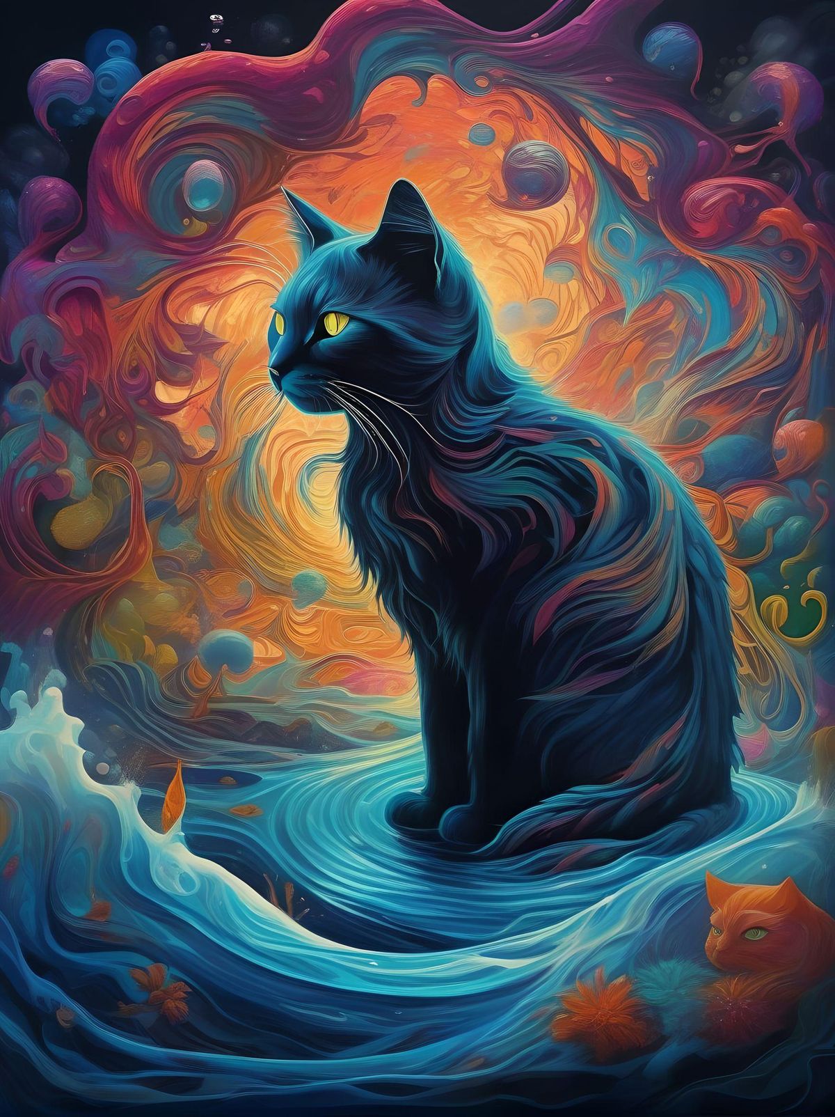 horror-themed psychedelic style (Masterpiece, high quality, best quality, official art, beauty and aesthetics:1.2),water element,a cat made of water,water,(cat:1.2),  vibrant colors, swirling patterns, abstract forms, surreal, trippy . eerie, unsettling, dark, spooky, suspenseful, grim, highly detailed