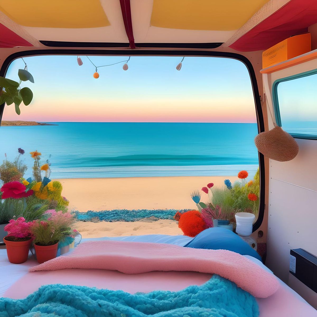 inside a cozy campervan, comfy bed and warm blanket, plants, flowers, decoration, view from the back on quiet beach, sunrise, peaceful, vibrant colors, lineart