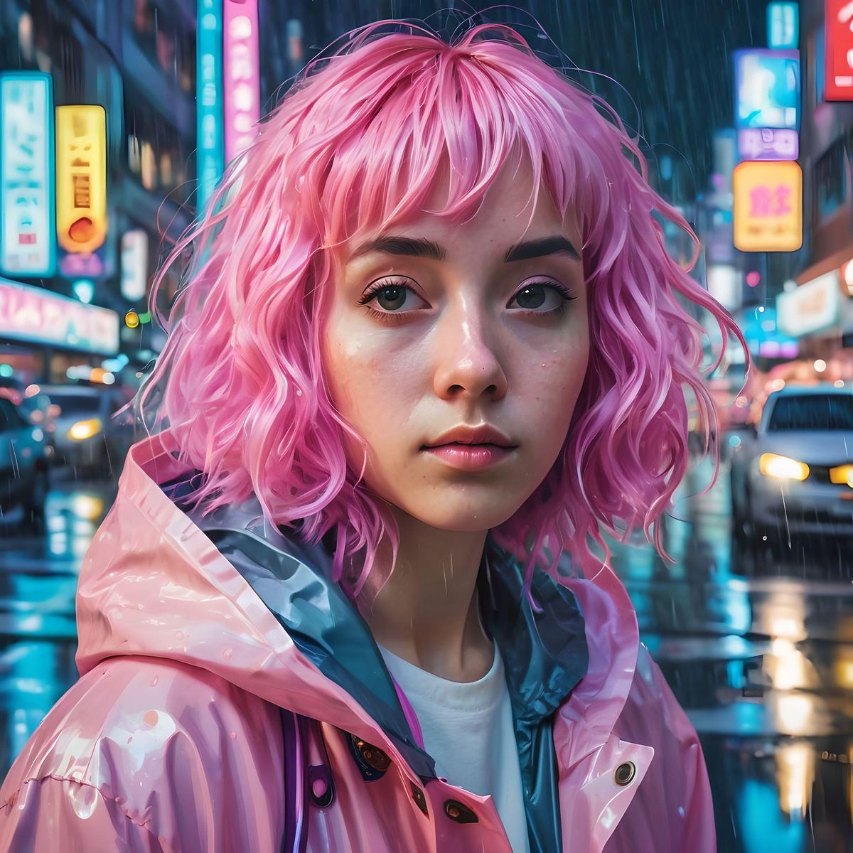 8k photo portrait of an Asian woman with pink hair in a pastel raincoat, looking at the camera, at a bustling crosswalk at night, wet reflections, Highly Detailed, studio ghibli, akira toriyama, james gilleard, genshin impact, trending pixiv fanbox, acrylic palette knife, 4k, vibrant colour 