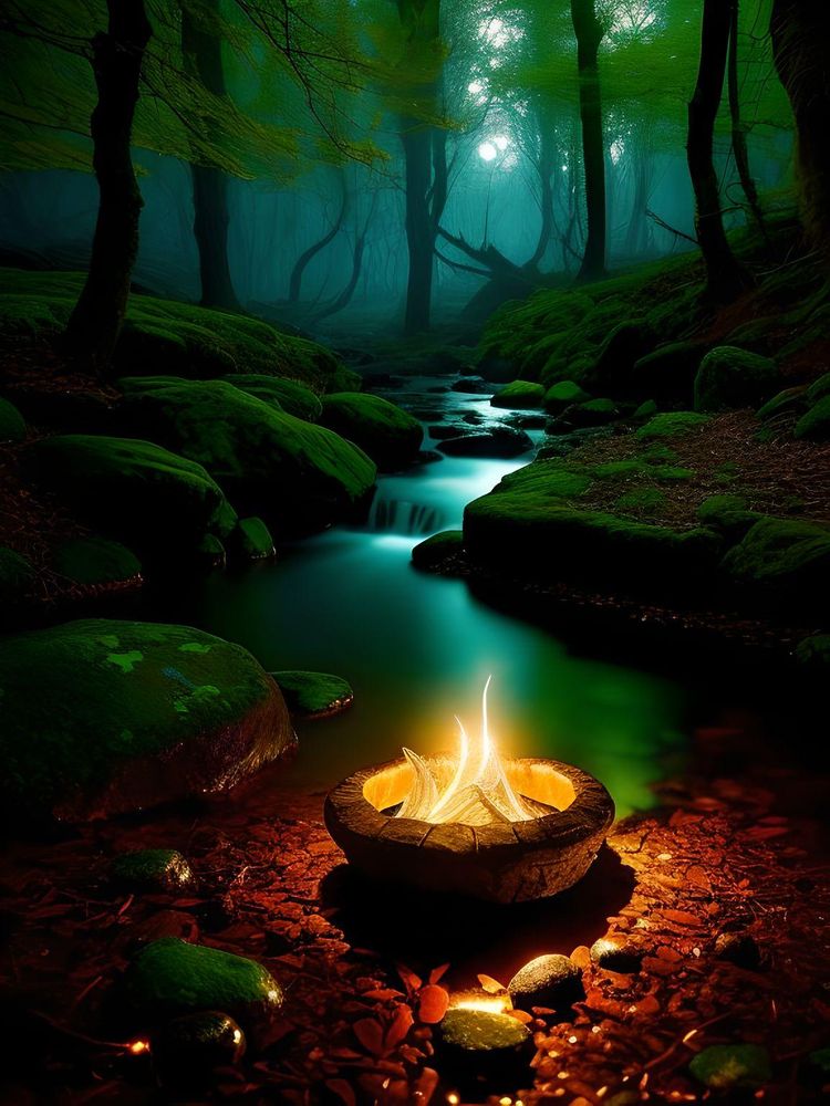 digital art, Elven ring with intricate design, luminescent, glowing, burning with fire magic, water, intricately detailed, J.R.R. Tolkien's Middle-earth, dark spring forest at night background, in deep shadows, grandiose design, volumetric lighting, strong rim light, radiant light, refraction,
