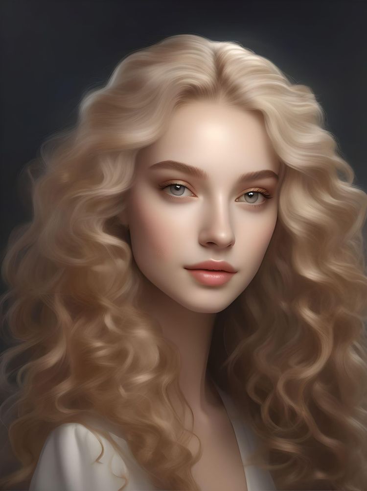 A pure woman with long light golden fair flaxen white curly hair and round chestnut browneyes. She has a  high straight nose bridge, thick straight eyebrows, Long lasches, Round eyes. Alchemist. Ballerina. Traditional. Feminine.