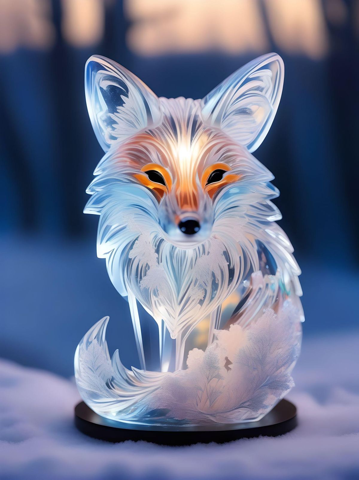 8x, highly detailed, a  beautiful translucent crystal fox, winter wonderland, FrostedStyle,  RGB the everything
