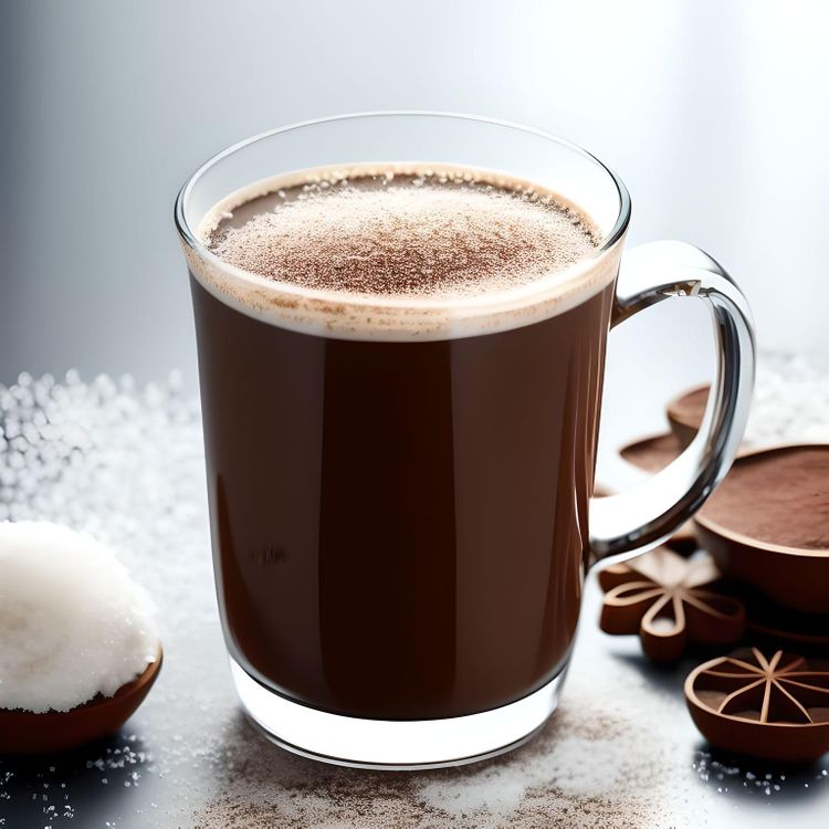 FrostedStyle Highly detailed Dynamic shot of a transparent frosted glass mug of hot chocolate, extremely detailed,