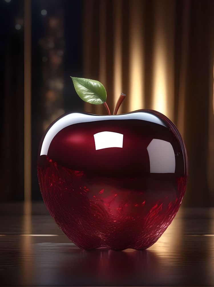 an epic maroon apple made of crystal glass, deep depth of field, 3D, breathtaking intricate details, realistic and lifelike, dramatic natural lighting, reflective catchlights, high quality CGI VFX fine art