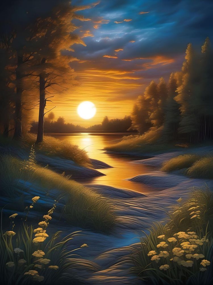 art by Phil Koch, Meghan Howland blue moon Digital ral-epochelves Illustration of a summer scape sunset luminism, Fantastic Realism complex background, dynamic lighting, digital painting, highly detailed intricated