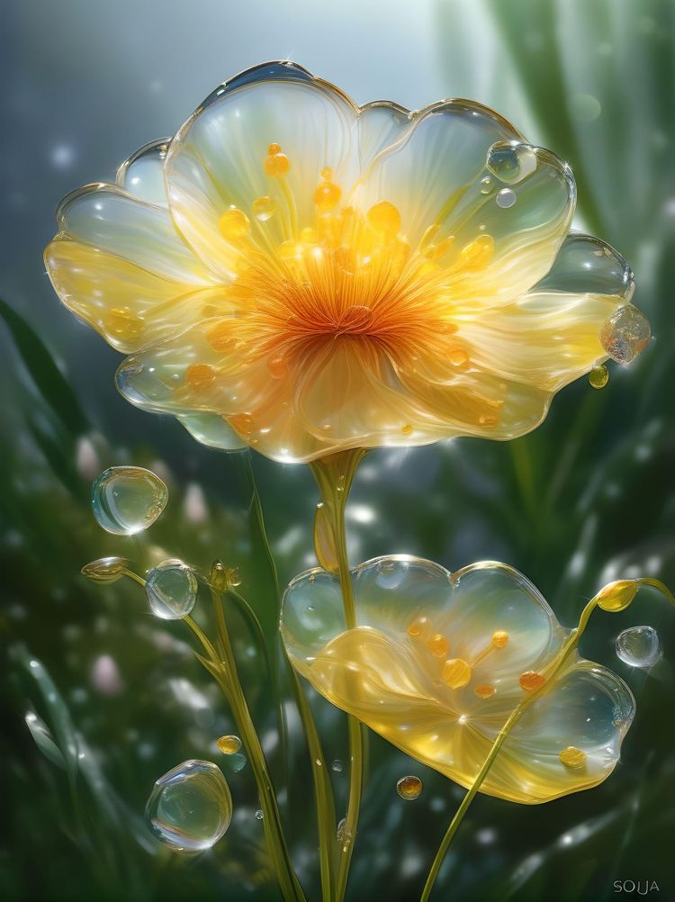 Kim Soo-ja, Realistic, Glass-flowered Dewdrops, Transparent Glass-flowered, Transparent Glass-flowered, Realistically Expressing Flowers, Sparkling Sunshine, One Flower symbolizes breathtaking beauty, Centered in Perfect Composition, Complex Details Showing Unique and Enchanting Elements, Very Detailed Digital Painting, Golden Ratio, Dramatic Lighting, Very Realistic, by Sooja