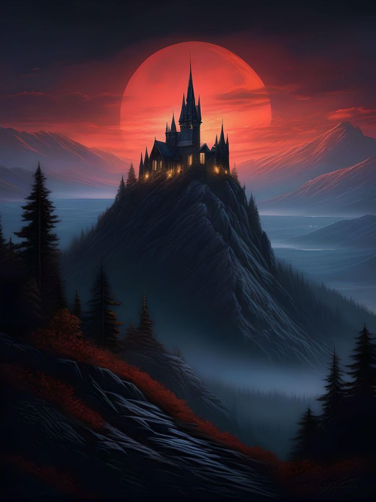 a masterful digital fantasy painting in the style of Greg Rutkowski Dan Mumford and Caspar David Friedrich , a dark tall and gothic vampire castle sits atop a creepy mountain spire, moonlit, night, masterpiece, 8k, award winning, high quality, best quality, cinematic, extremely detailed, intense lighting, epic,  