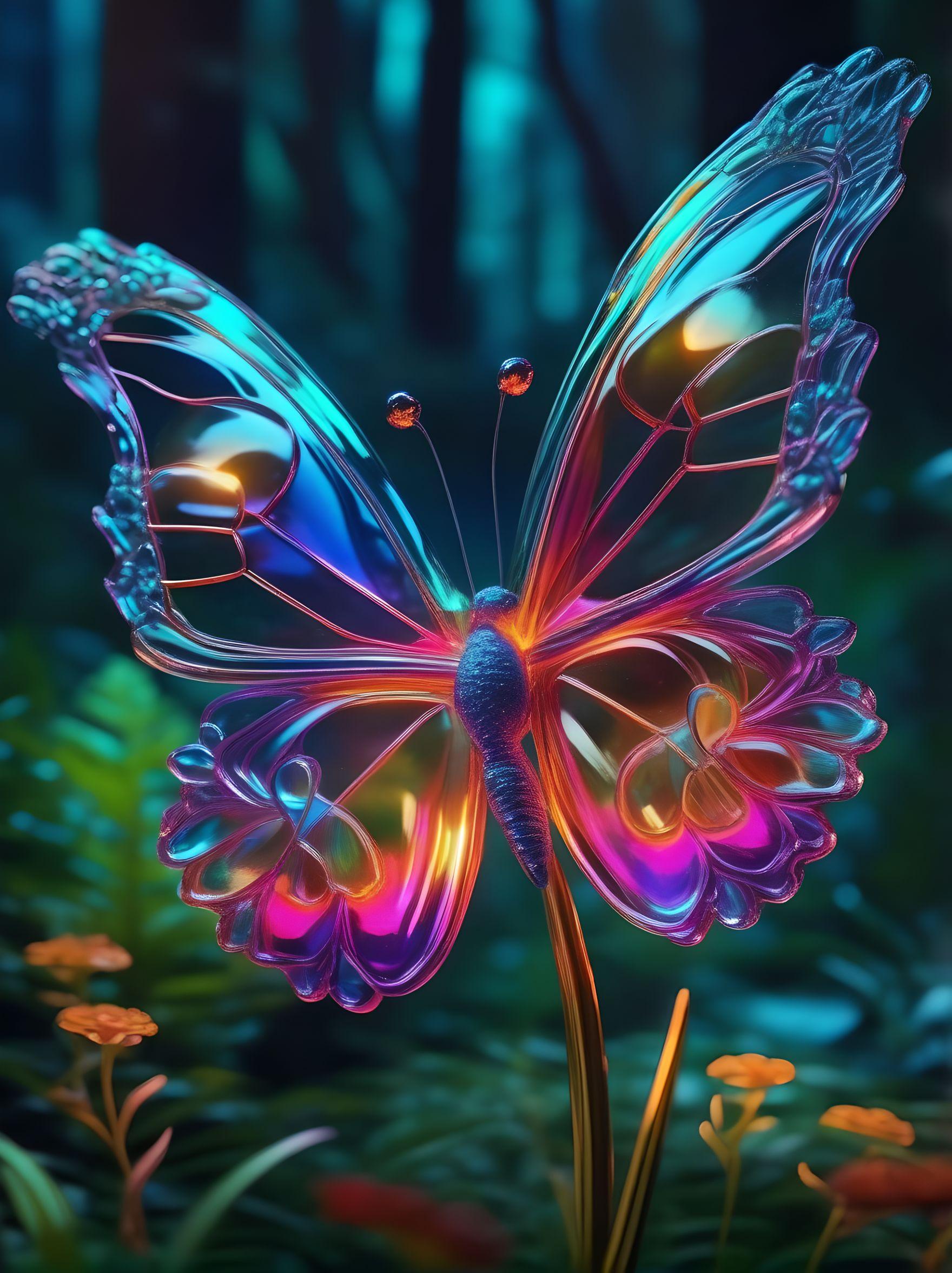 Glass butterfly on neon flower in enchanted forest on Fotor