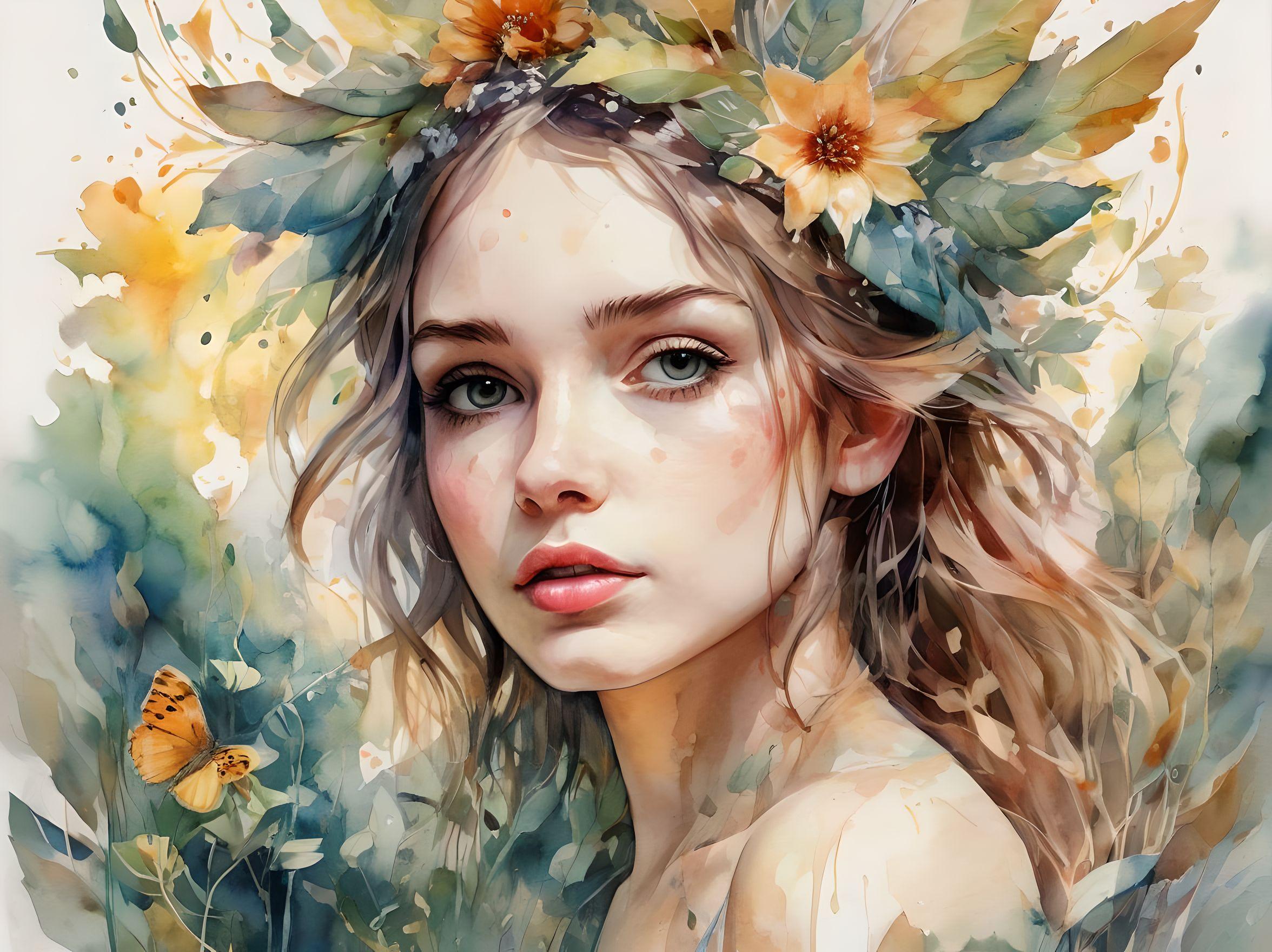 fairy- hispanic- Digital watercolor Illustration of a summerscape- leaves and flowers- by Cezanne- Carne Griffiths- Minjae Lee- Ana Paula Hoppe- Stylized watercolor art- Intricate- Complex contrast- HDR- Sharp- soft Cinematic Volumetric lighting- flowery pastel golden hour colours- wide long shot- perfect masterpiece