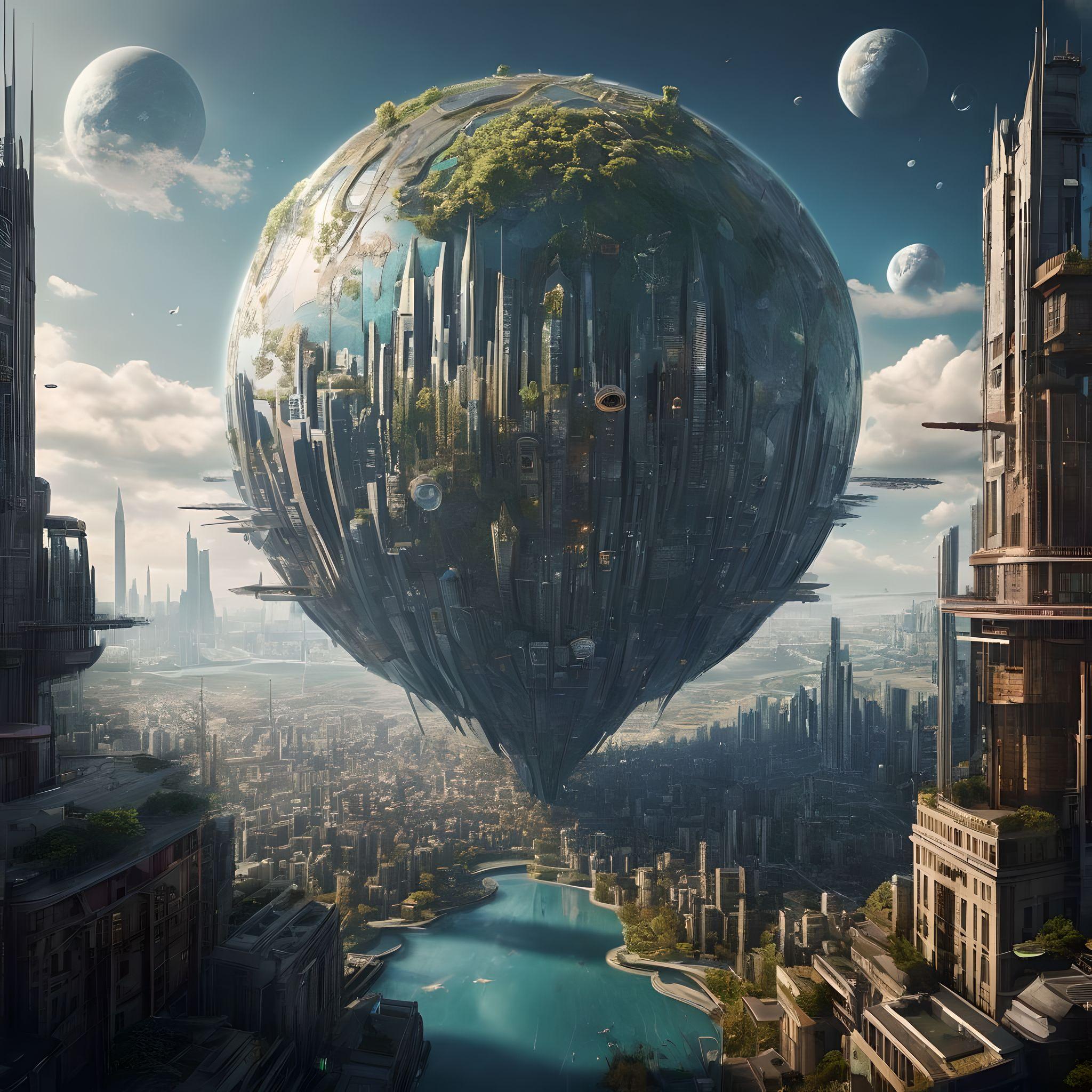 Conceptart of a city floating above a planet on Fotor