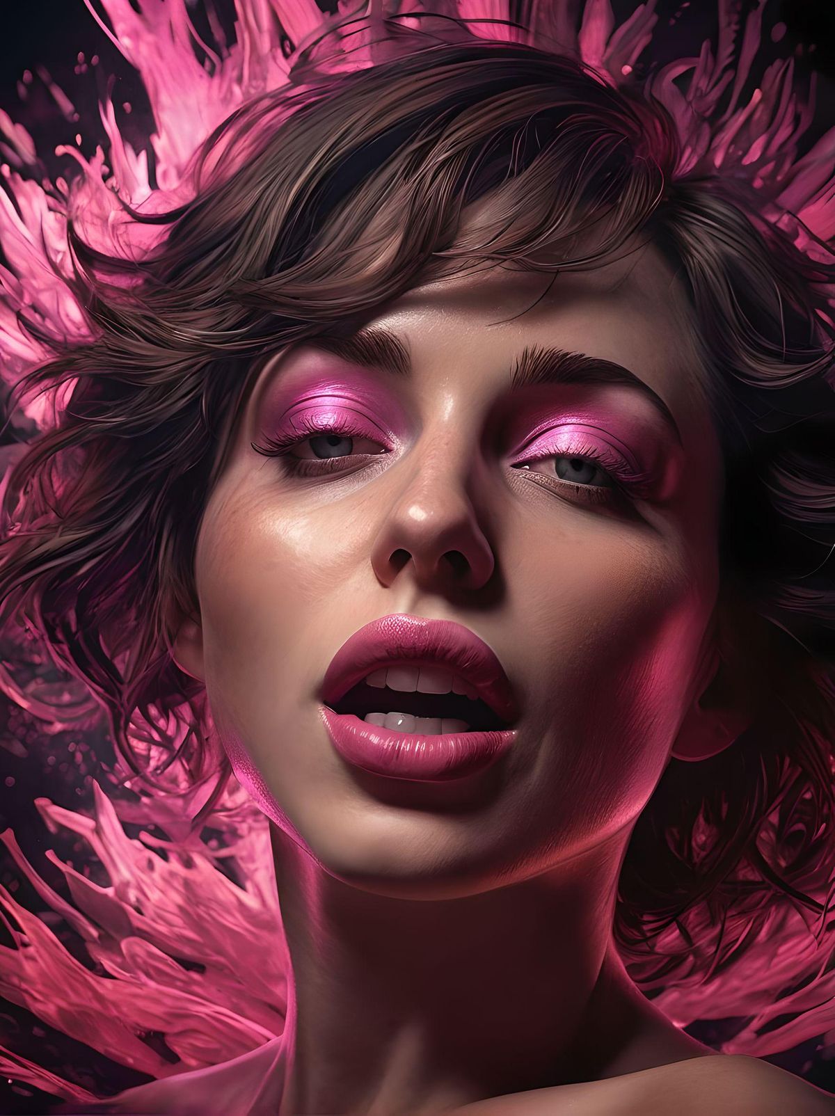woman in ecstasy, pink((dark theme)), (masterpiece),((ultra-detailed)), (highly detailed CG illustration),(expressive), (best quality:1.2), High quality texture, intricate details, detailed texture, High quality shadow, Cinematic Light, Depth of field, light source contrast, perspective,40s, (bob Carlosclarke-v1.1:0.5), 