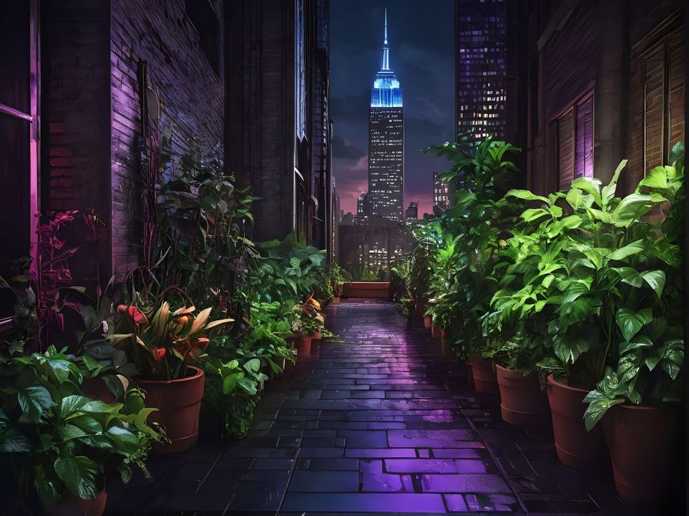 Botanical gardensvines, modernism, serenity and no one, hyper-realistic design, open view, digital, illustration, architecture,tranquility, beauty, comfort, rainny, night sky,cyberpunk, neon lights,neon signboard,lots of empire state building, Cumulonated pavement,Dimly lit alley, 