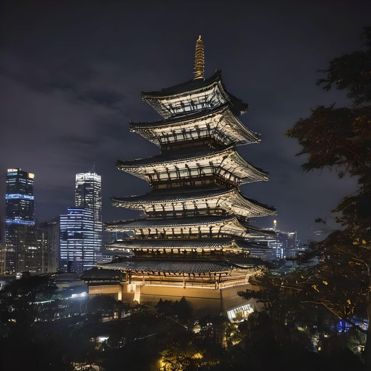 kaiyomuseum, porttower, exterior, night, building, scenery, sky, night sky, outdoors, architecture, real world location, east asian architecture, city, cityscape, tree, skyscraper, tower