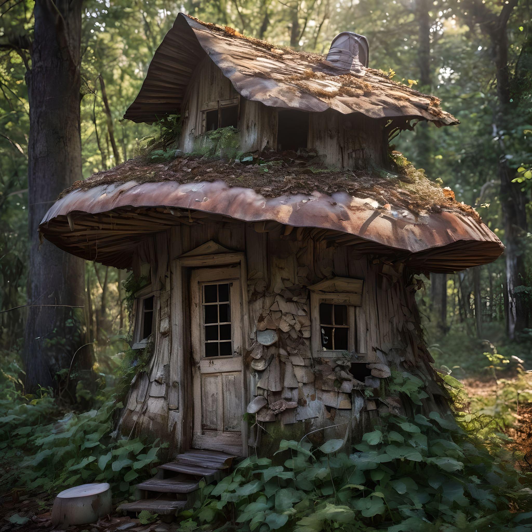 Closeup Mushroom House Hyperrealistic Texture Weathered Wood Cracked On   Effect 