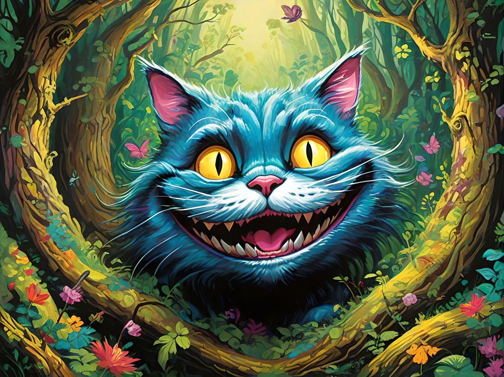 The Cheshire Cat grinned wickedly and floated through the forest