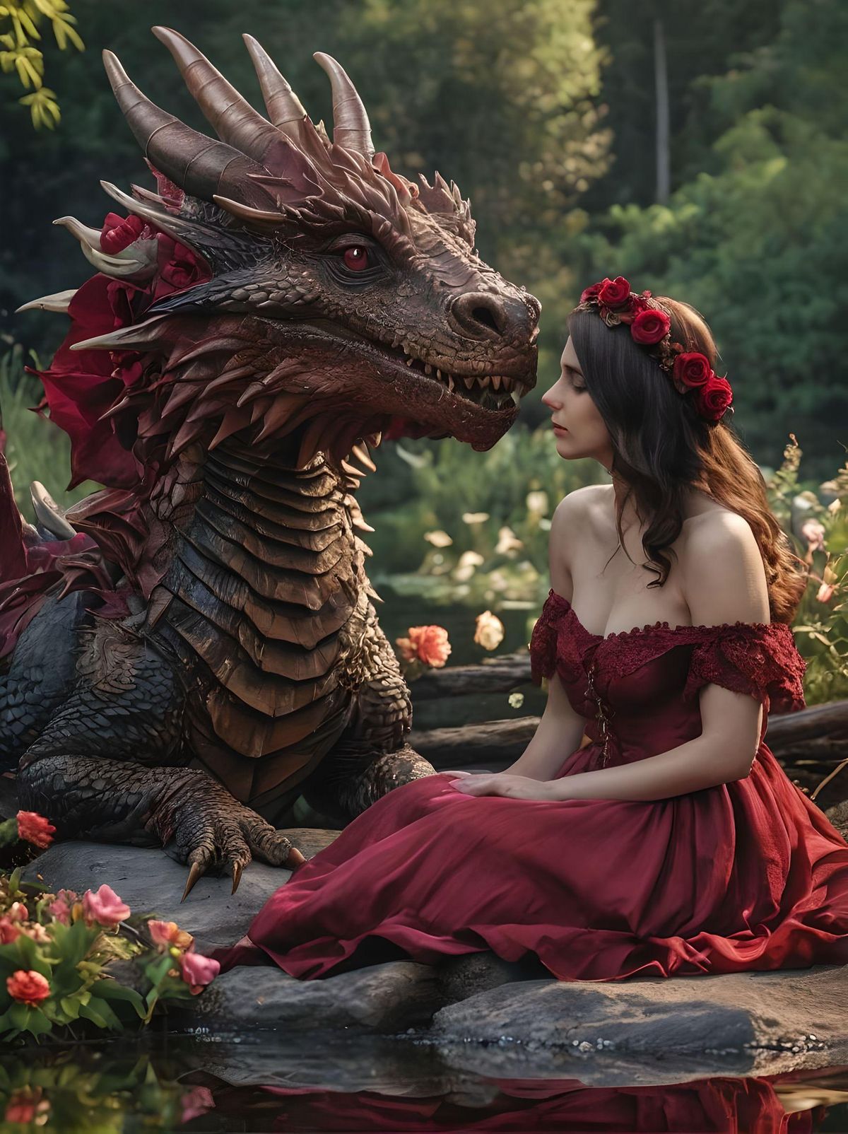 the adult princess sits by the pond bank near her huge brown pet dragon. They gaze lovingly in each other’s eyes. they are surrounded with flowers and birds. The princess is wearing an off shoulder lace burgundy dress, her dark brown lushious hair falls in her lap and she wears a dark red rose flower crown. 8k