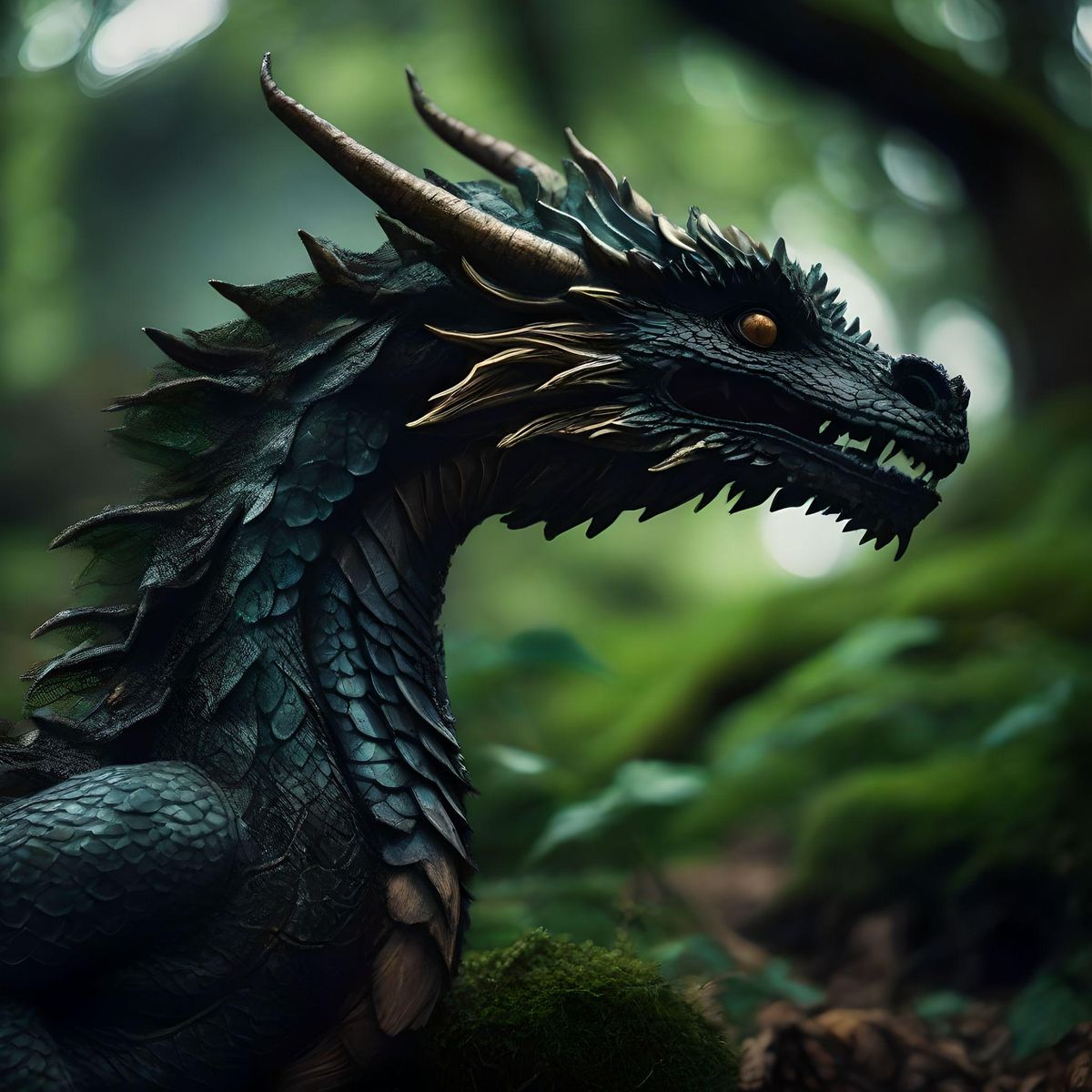 A beautiful dragon a haunted whimsical background in a mysterious forest