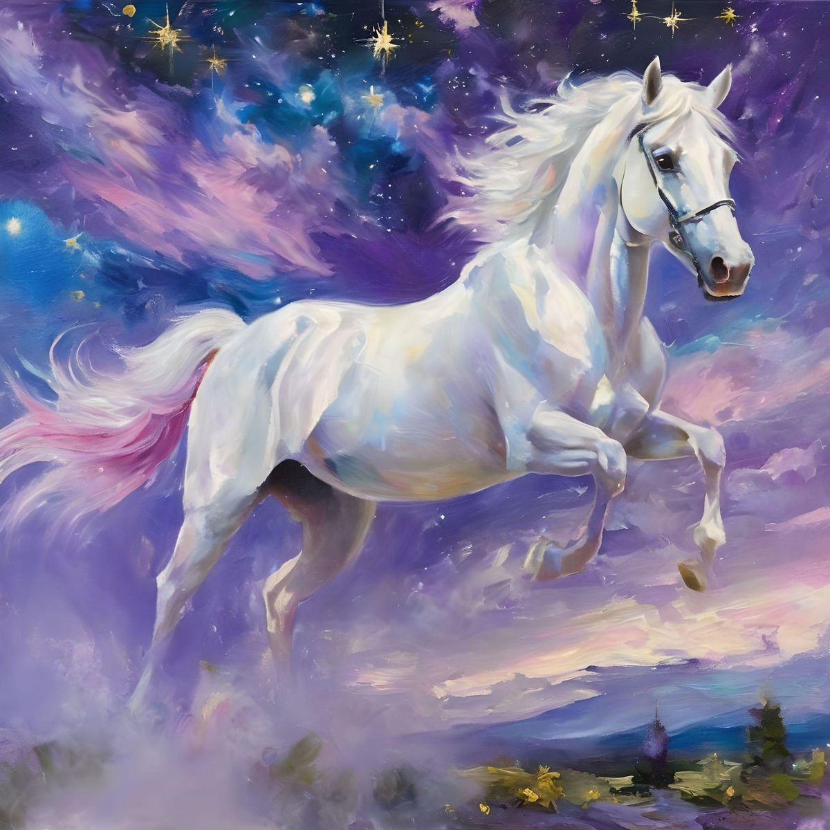 a white stallion pegasus flying in the air with a white long horn dusted in gold and embroided shooting out magic, and glass wings reflecting the colors of pink, purple, and blue, flying through a galaxy night sky with stars and clouds along the bottom painted in purple, blue, green, and yellow light