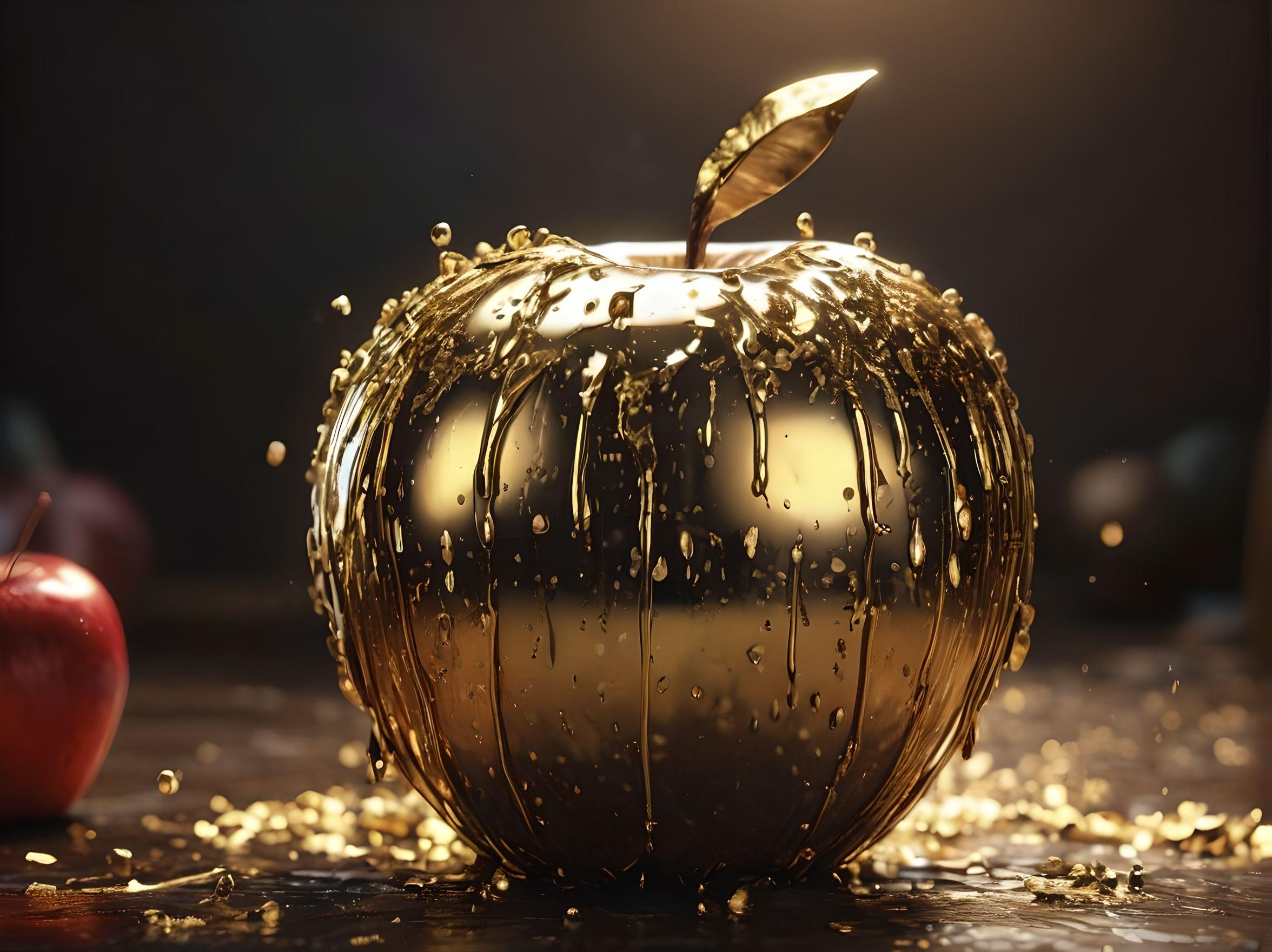 / imagine Dripping Gold Apple-Glowing Lighting-Fantasy-Intricate-Elegant-Higly Detailed-Realistic--Photorealistic-Octane Rendering 3D-Concept Art-Ornate-Sharp Focus