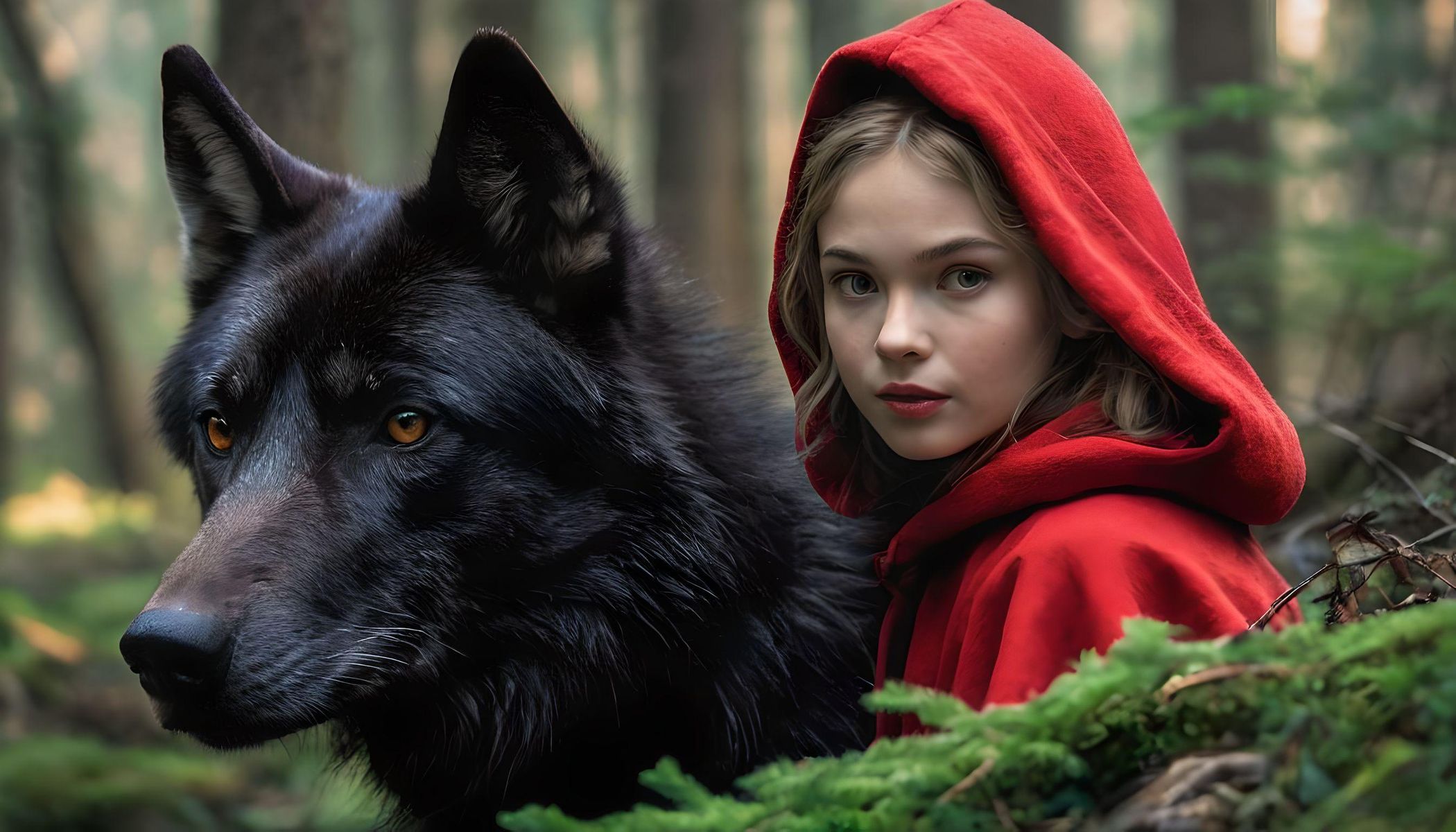 Professional quality portrait, (In an enchanted forest ((the beautiful tiny Red Riding Hood): 1.8) meets ((the black wild-wolf):1.5) for the first time, tension and bewilderment but also discovery and attraction for the beautiful animal. (8K), (HDR +10), image of exceptional quality and detail, balanced and harmonious composition, great depth of field, excellent white color balance, vivid colours, complex and intricate details.