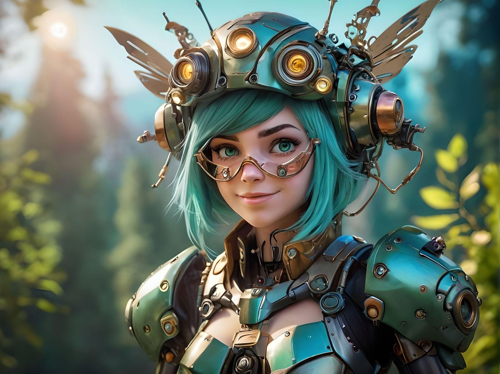 Close up of Futuristic steampunk mecha fairy tail scene, focus on a fairy pilot standing on the shoulder of her robotic mecha, goggles, green leafy pilot uniform, pointy ears, big hands, broad smile, I can't believe how beautiful this is, vivid light, vibrant colors, mecha forest, crystal lake, crystals mountains, two suns, expressive caricature in pixar style unreal charming seemingly mischievous portrait, cartoon art style trending on artstation, sharp focus, studio photo, intricate details, highly detailed, by greg rutkowski