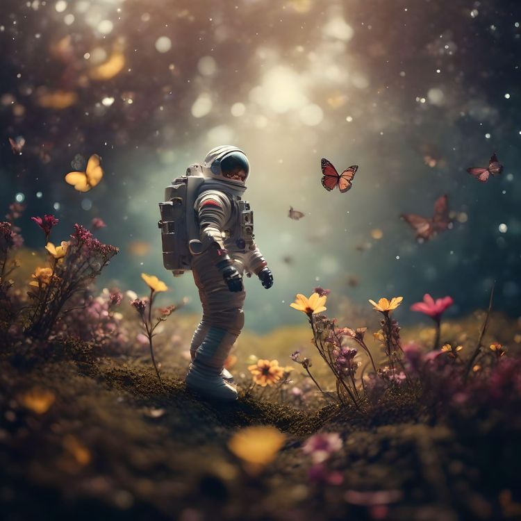 An astronaut drifting at space found a tiny planet full of fantasy and butterflies and flowers 