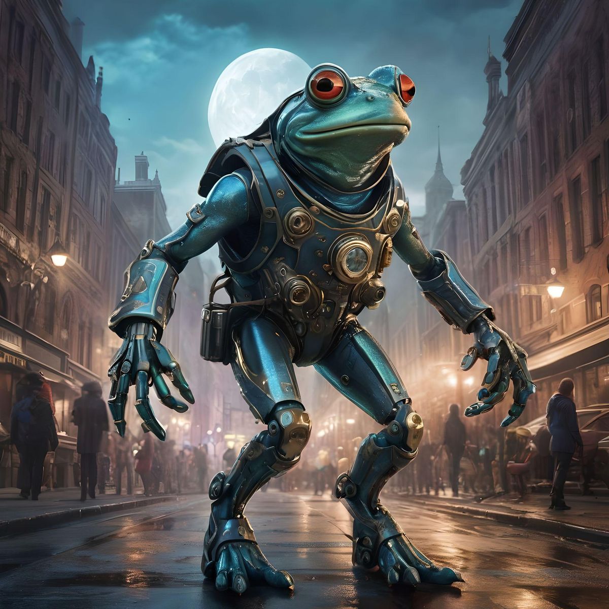 a fog in style of stempunk, walking like a human  on 2 legs, up town the city like a prominet star, Movie poster featuring a Stunning funny caricatured biomechanical steampunk frog, alien, sci-fi, full body, HDR, highly detailed, in a distopic landscape, dynamic pose, cybernetics, human-machine fusion, dystopian, in the style of Artgerm, white/blue/gold, cinematic, dramatic, ultra-realistic, sharp focus, bioluminescence, luminism, luminescent, filigree, intricate, award-winning, perfect composition, big moon, sunset, Broken Glass effect, no background, stunning, something that even doesn't exist, mythical being, energy, molecular, textures, iridescent and luminescent scales, breathtaking beauty, pure perfection, divine presence, unforgettable, impressive, breathtaking beauty, Volumetric light, auras, rays, vivid colors reflects
