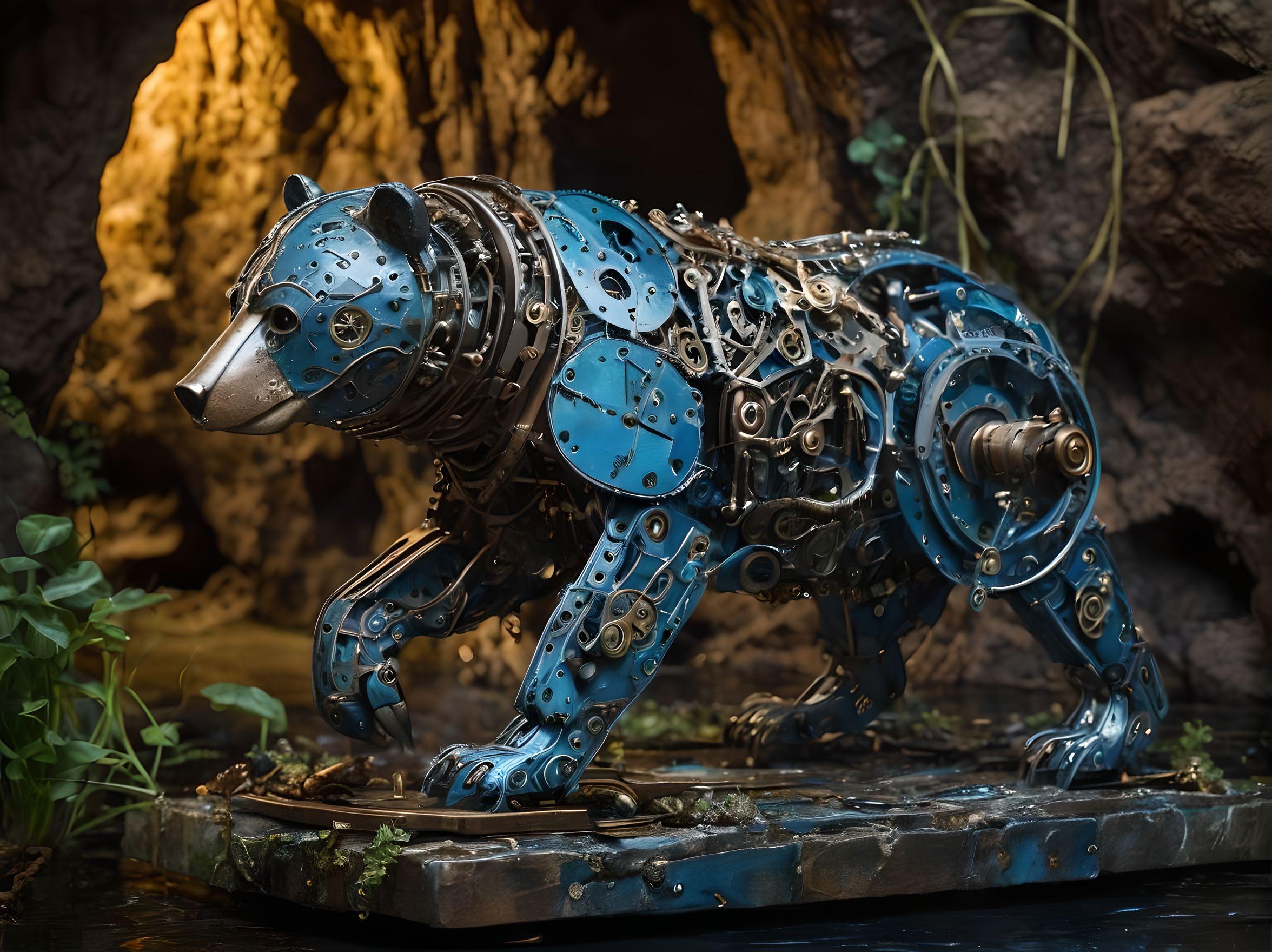 automaton bear completely made out of metallic parts in a steampunk fashion is standing on a platform surrounded by water in a dark cave that has luminescent vines climbing between the rocks in the background. the bear is on all fours and has its head made out of metallic parts as well - gears- clocks- chains. there is no greenery- the ledge is made out of stone and the coloring is blue and tan.