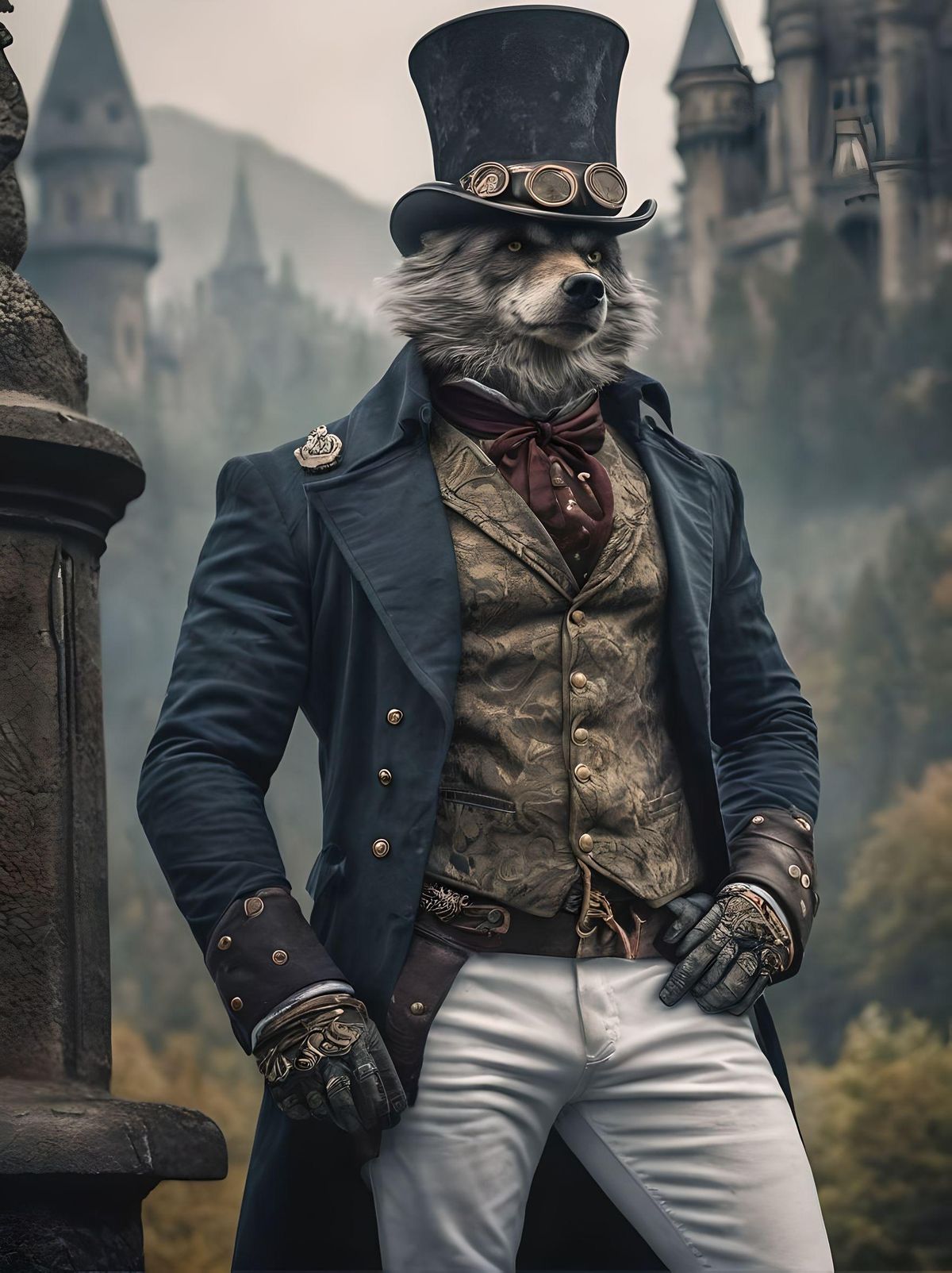 Ultra realistic detail, steampunk style, steampunk aesthetic, Werewolf, white, athletic build, muscular, defined muscles, standing upright, shirt, jacket, pants, top hat, forest, castle, fog, mountains.