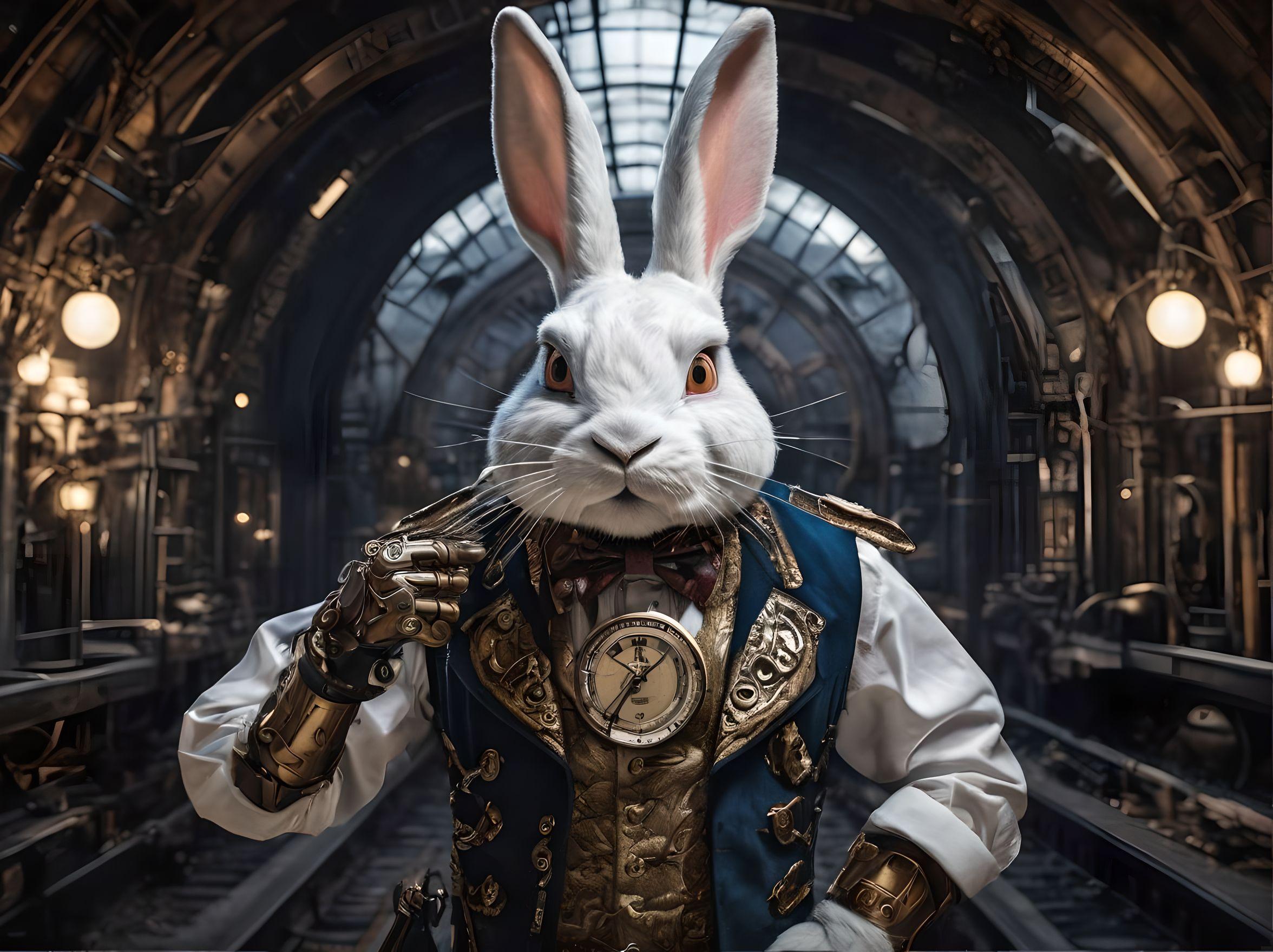 epic hyperrealistic photo::re-imagination of (white rabbit from Alice in Wonderland)- mechanical left eyeball- clockwork rabbit ears::2 portrayed as steampunk characters- mechanized design- highly detailed- I can't believe how beautiful- detailed stylization: in the style of steampunk influences- john wilhelm- realistic yet stylized- meticulously detailed- glowing lights- evil train- midnight- train station- extremely detailed- intricate clothing design- close to camera symmetrical expansive landscapes- 8k resolution steampunk outfit and weapon- intricate design and details- dramatic lighting- high detail