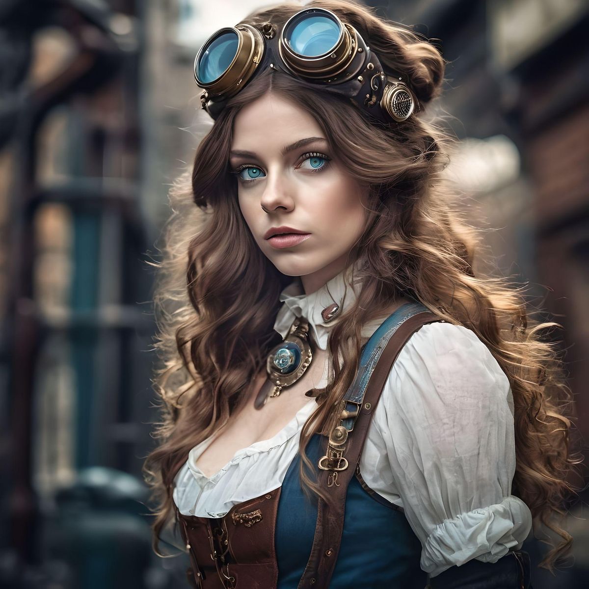 A beautiful steam punk girl with flowing brown hair and blue eyes
