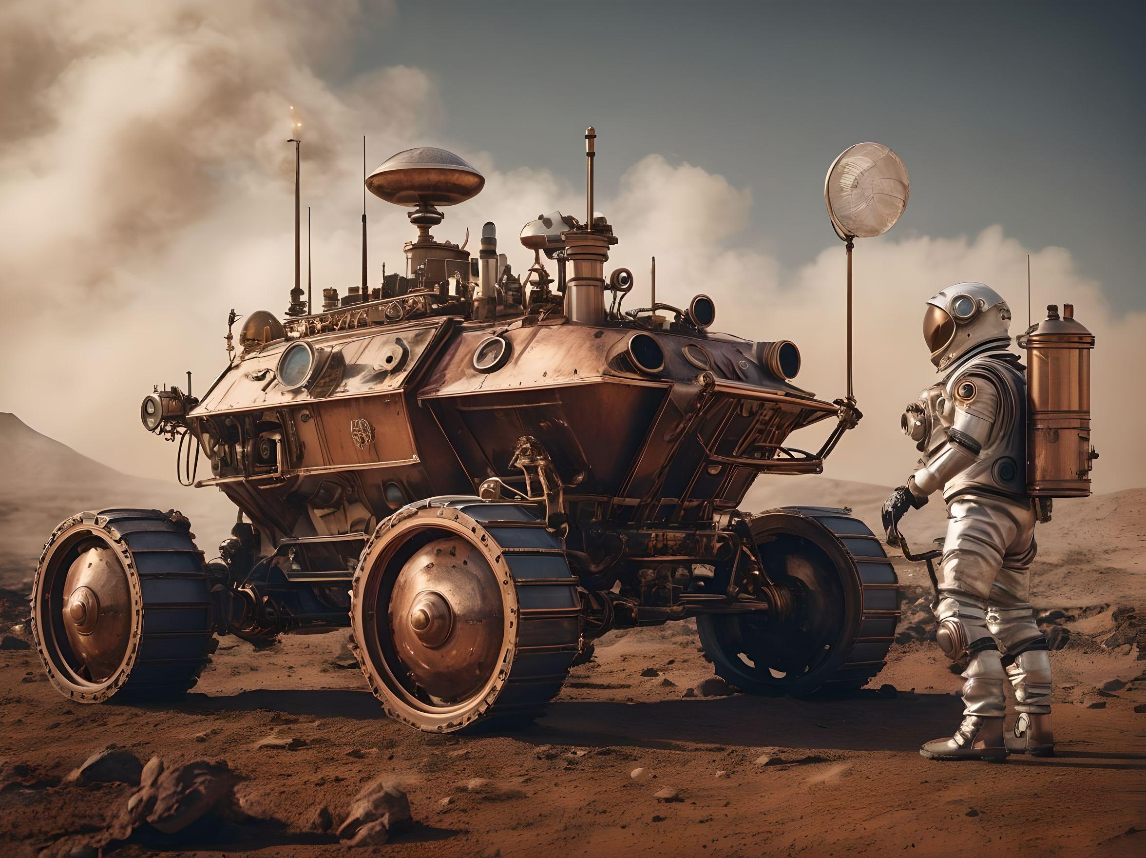 A steampunk Mars rover with rich details such as a steam engine- brass and copper metals- dusty and rusty features- and wavy smoke on its chimney. A high-resolution image with good lighting. With a steampunk astronaut standing on the side
